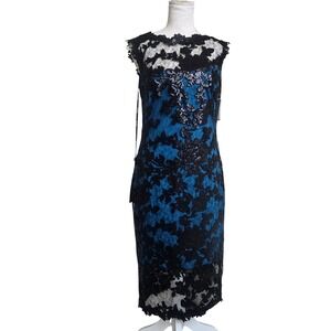 Tadashi Shoji Sz 6 Black Lace Teal Blue‎ Sequin Dress Cocktail Formal Party